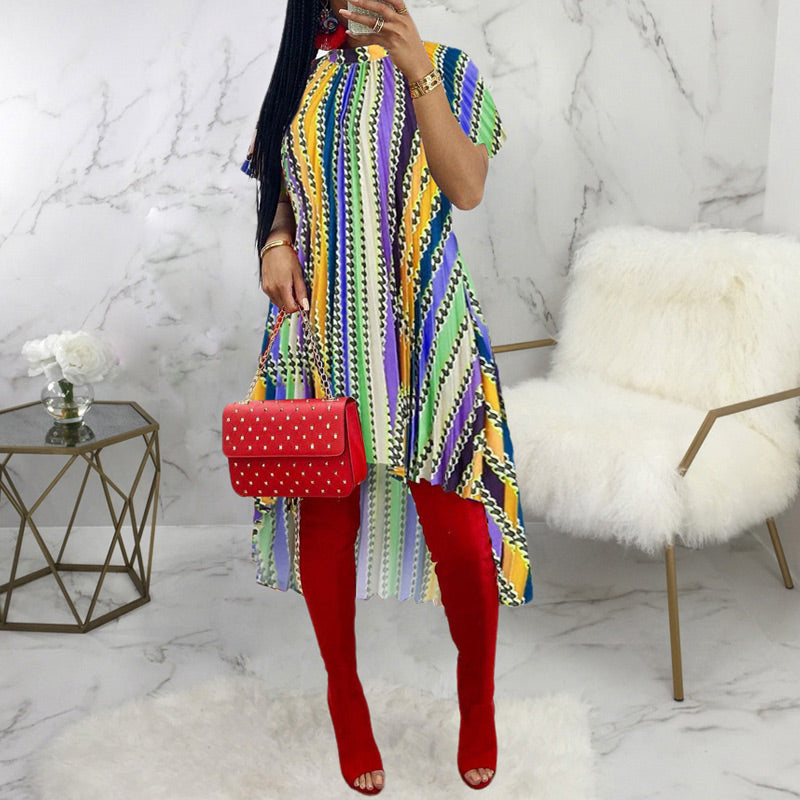 Striped Short Sleeve Pleats High Low Hem Dress