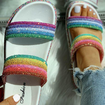 Rainbow Striped Open Toe Flat Slipper - Cherrybetty
