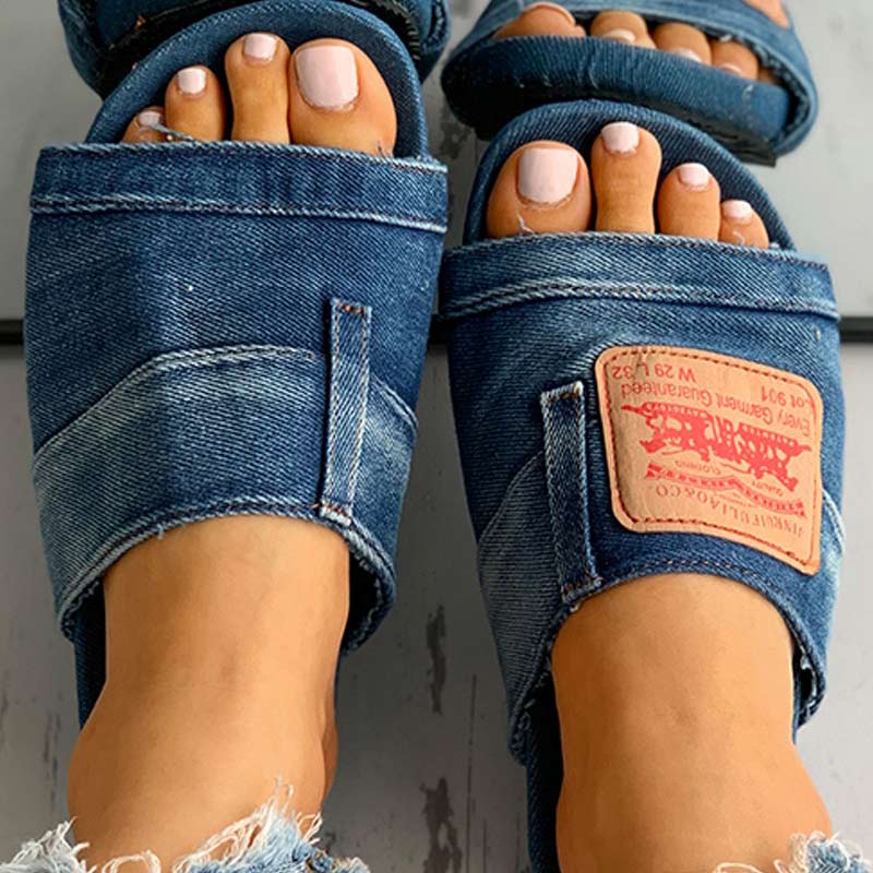 Letter Print Denim Flat Sandals