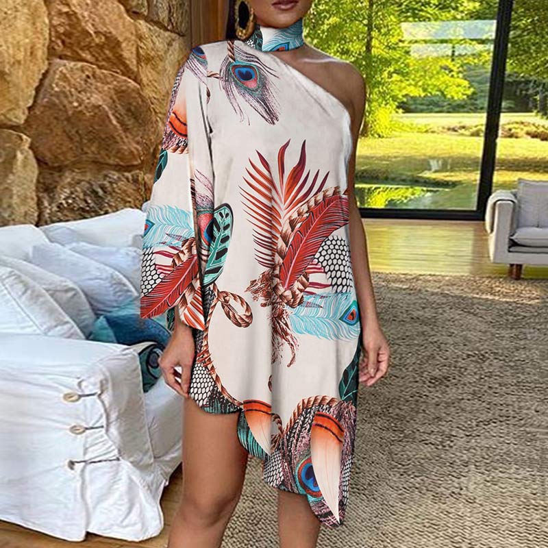 One Shoulder Peacock Floral Print Irregular Dress