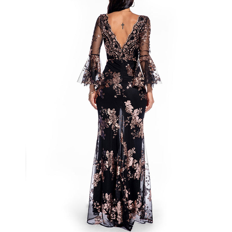Sequins Deep V-Neck Sheer Mesh Patchwork High Split Dress