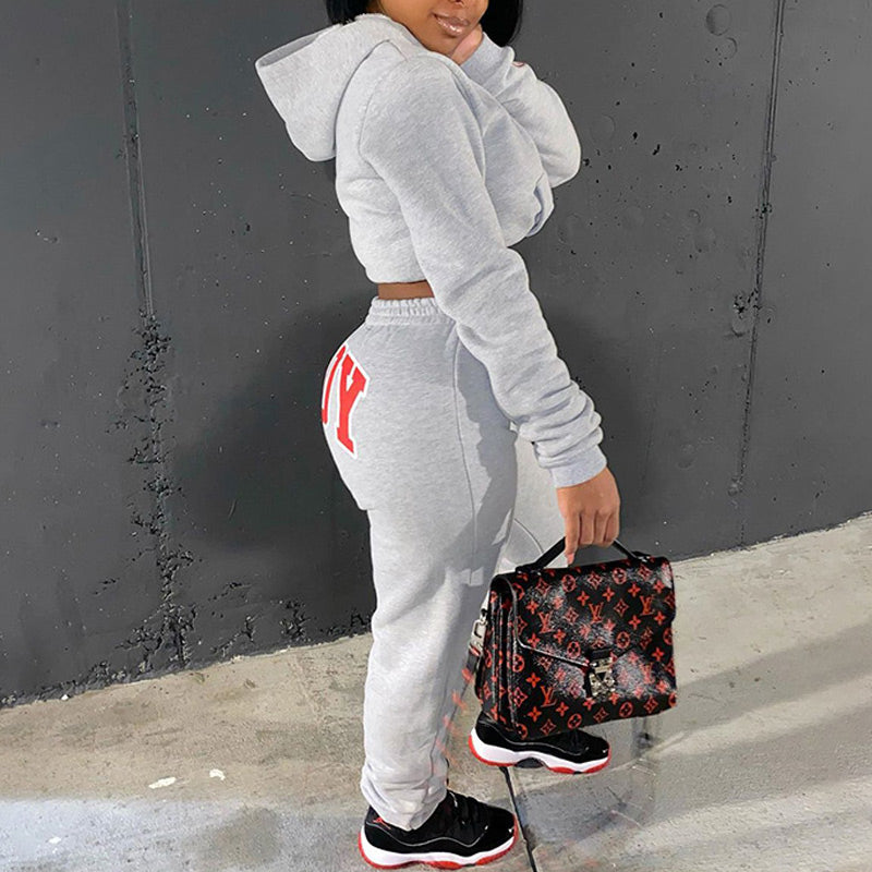 Solid Sports Letter Hoodie Suit