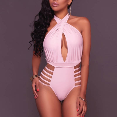 Solid Deep V-Neck Halter Cut Out One Piece Swimsuit
