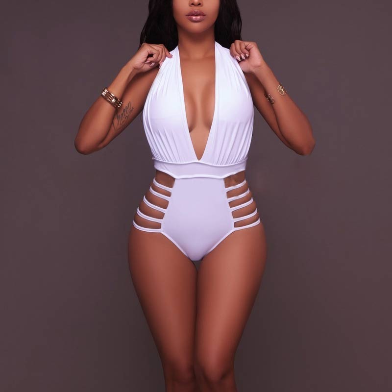 Solid Deep V-Neck Halter Cut Out One Piece Swimsuit