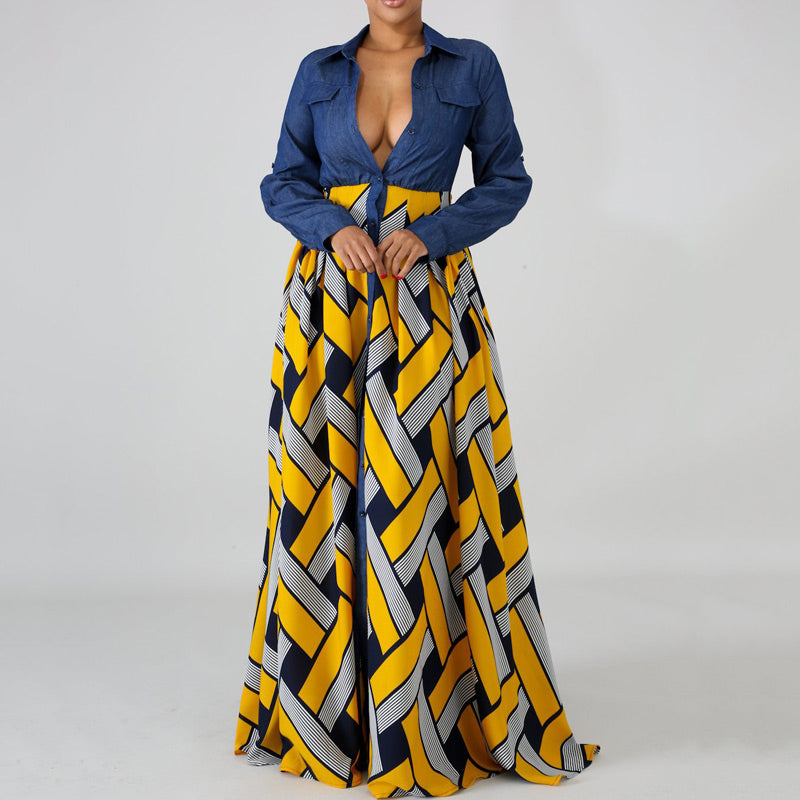 V-neck Print Stitch Denim Long-Sleeve Dress