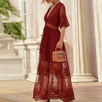 Solid V-Neck Short Sleeve Lace Dress