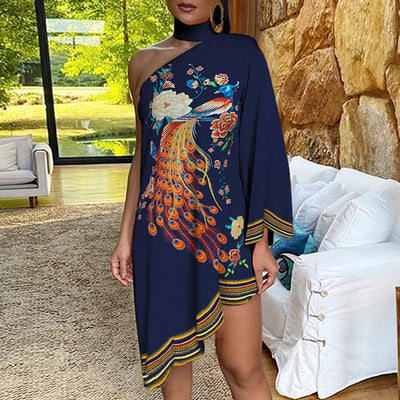 One Shoulder Peacock Floral Print Irregular Dress