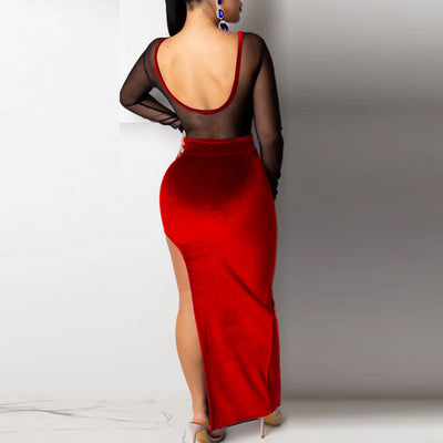 Solid Sheer Mesh Patchwork Velvet High Split Party Dress