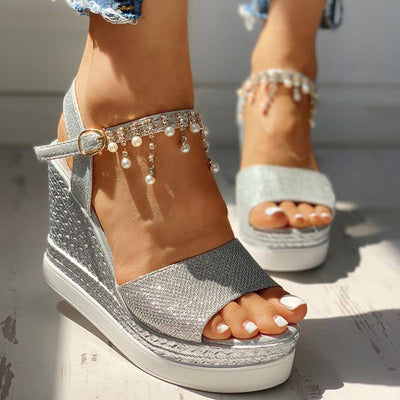 Bead Studded Platform Wedge Sandals