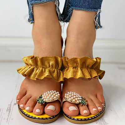 Pineapple Pattern Toe Ring Frill Hem Casual Sandals - Shop Shiningbabe - Womens Fashion Online Shopping Offering Huge Discounts on Shoes - Heels, Sandals, Boots, Slippers; Clothing - Tops, Dresses, Jumpsuits, and More.