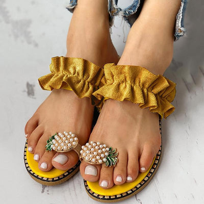 Pineapple Pattern Toe Ring Frill Hem Casual Sandals - Shop Shiningbabe - Womens Fashion Online Shopping Offering Huge Discounts on Shoes - Heels, Sandals, Boots, Slippers; Clothing - Tops, Dresses, Jumpsuits, and More.