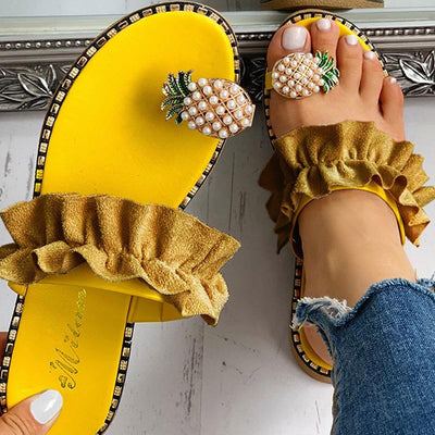 Pineapple Pattern Toe Ring Frill Hem Casual Sandals - Shop Shiningbabe - Womens Fashion Online Shopping Offering Huge Discounts on Shoes - Heels, Sandals, Boots, Slippers; Clothing - Tops, Dresses, Jumpsuits, and More.