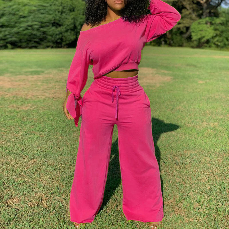 Solid One Shoulder Long Sleeve Pants Set