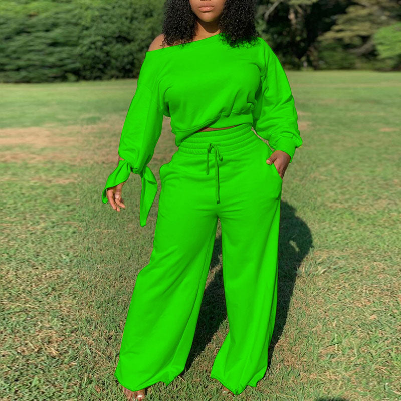 Solid One Shoulder Long Sleeve Pants Set