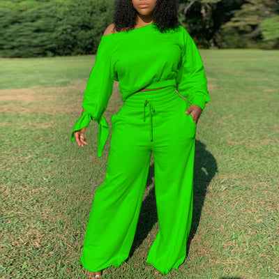 Solid One Shoulder Long Sleeve Pants Set