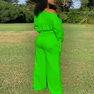 Solid One Shoulder Long Sleeve Pants Set