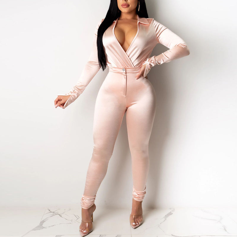 Solid Deep V-Neck Top & Pants Set