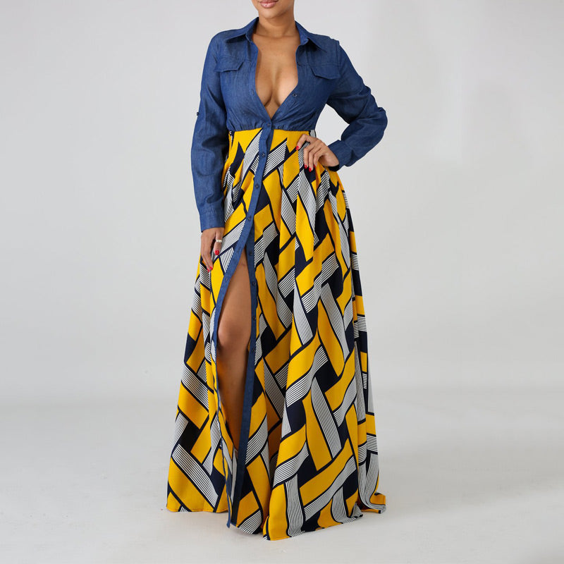 V-neck Print Stitch Denim Long-Sleeve Dress