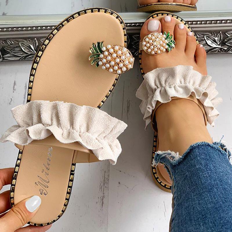 Pineapple Pattern Toe Ring Frill Hem Casual Sandals - Shop Shiningbabe - Womens Fashion Online Shopping Offering Huge Discounts on Shoes - Heels, Sandals, Boots, Slippers; Clothing - Tops, Dresses, Jumpsuits, and More.