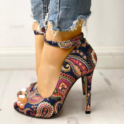 Ethnic Print Peep Toe Ankle Strap Thin Heeled Sandals - Cherrybetty
