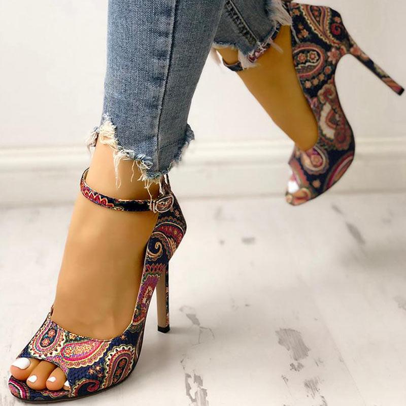 Ethnic Print Peep Toe Ankle Strap Thin Heeled Sandals - Cherrybetty