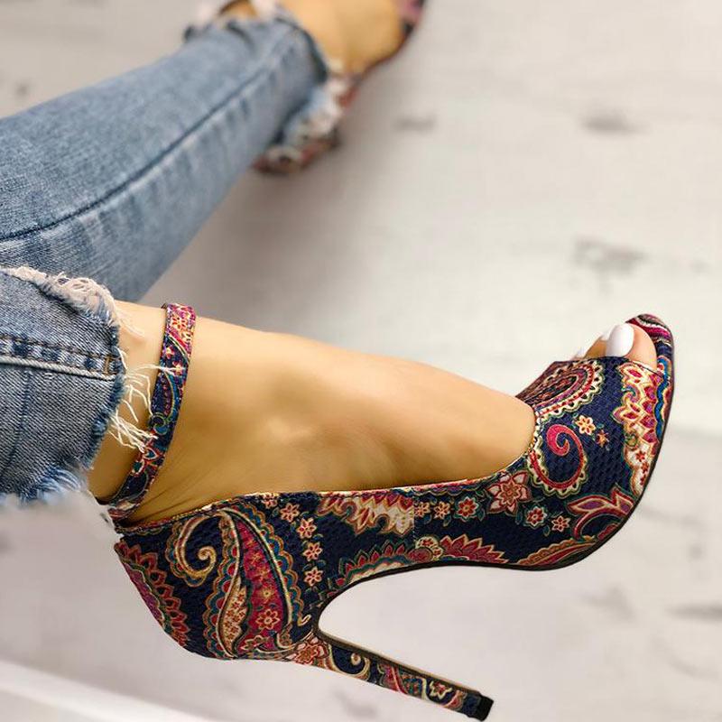 Ethnic Print Peep Toe Ankle Strap Thin Heeled Sandals - Cherrybetty