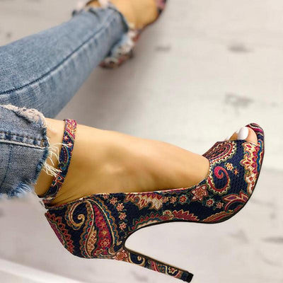 Ethnic Print Peep Toe Ankle Strap Thin Heeled Sandals - Cherrybetty