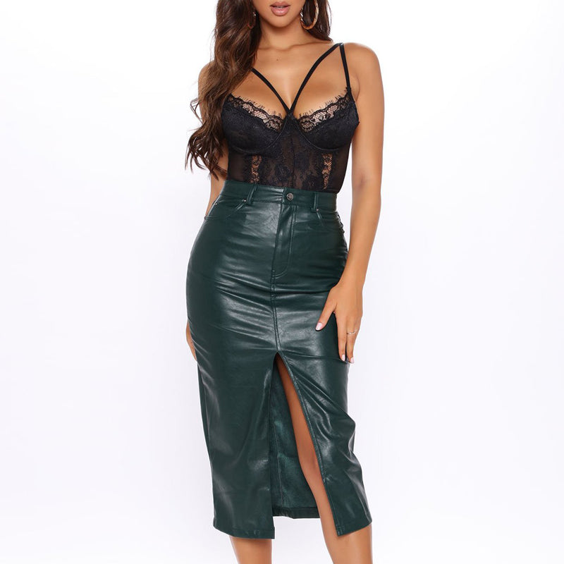 Solid High Split PU Skirt