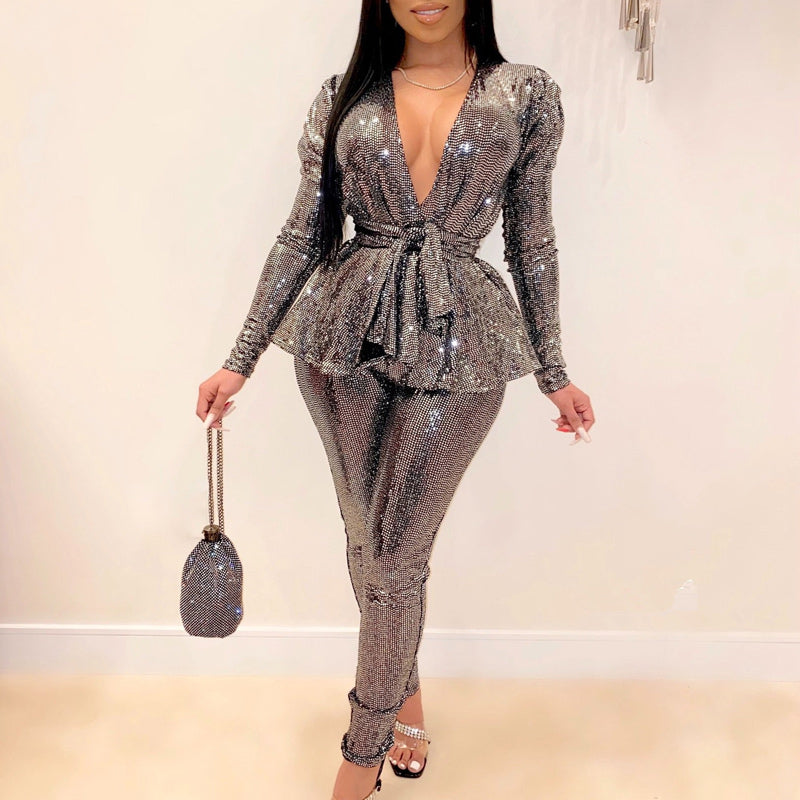 Solid Deep V-Neck Long Sleeve Two Piece Set With Belt