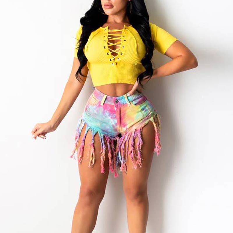 Tie Dye Tassel Design Denim Shorts