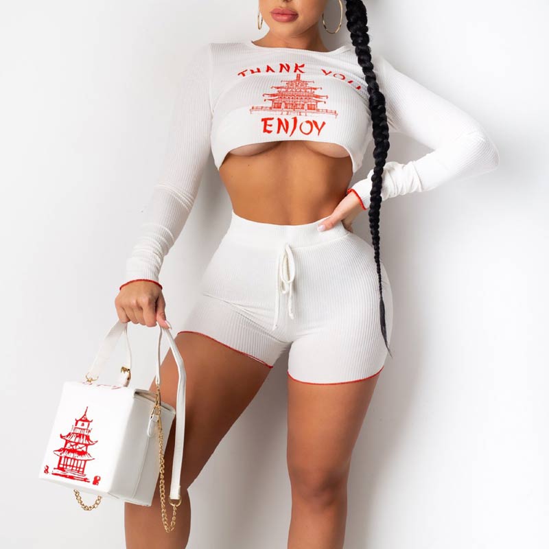 Solid Letter Print Long Sleeve Two Piece Set