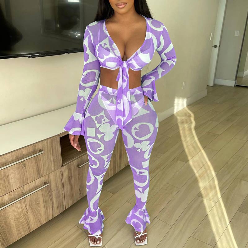 Poker Pattern Sheer Mesh Flared Sleeve Two Piece Set