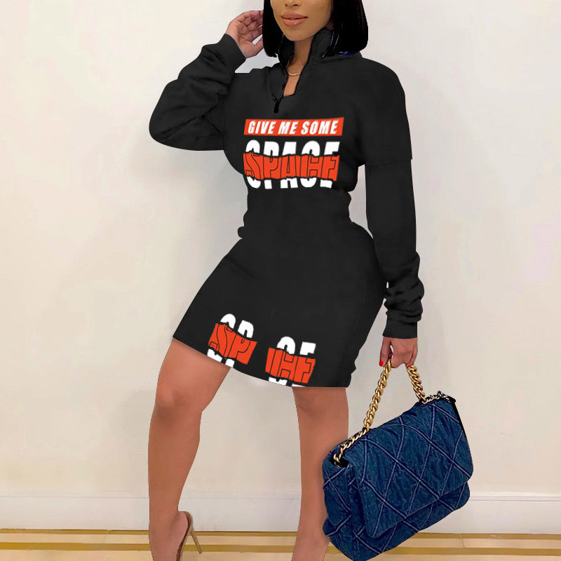Letter Print Zipper Design Bodycon Dress