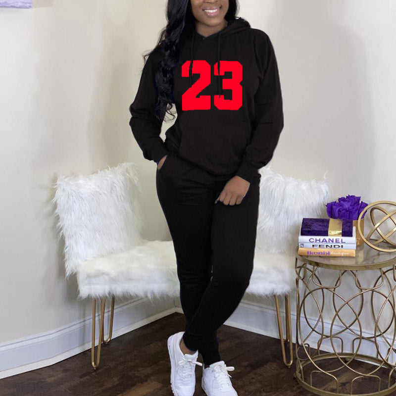Solid Letter Print Hoodie Top & Pants Set