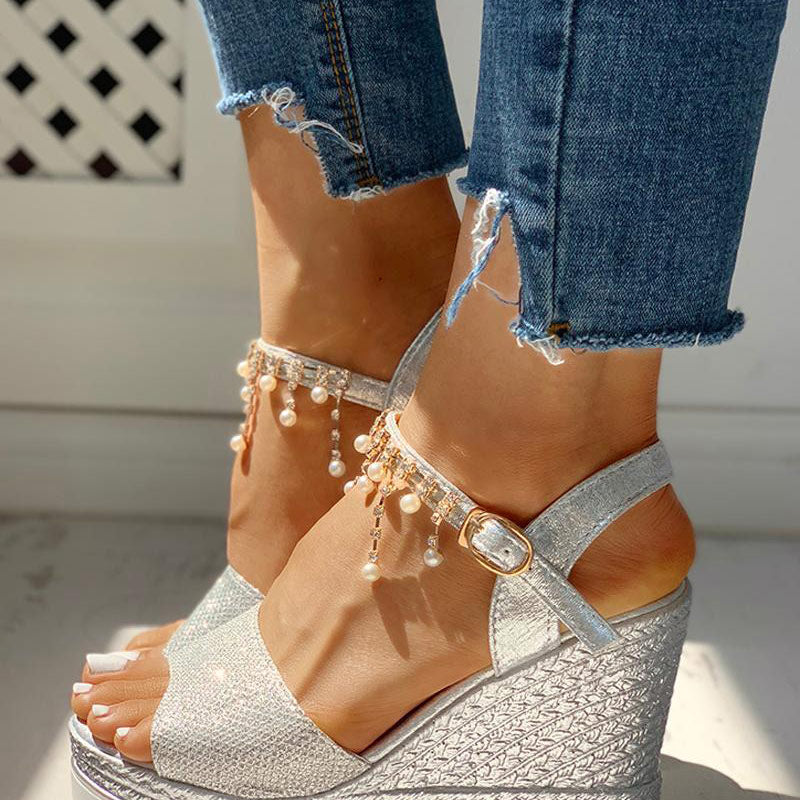 Bead Studded Platform Wedge Sandals