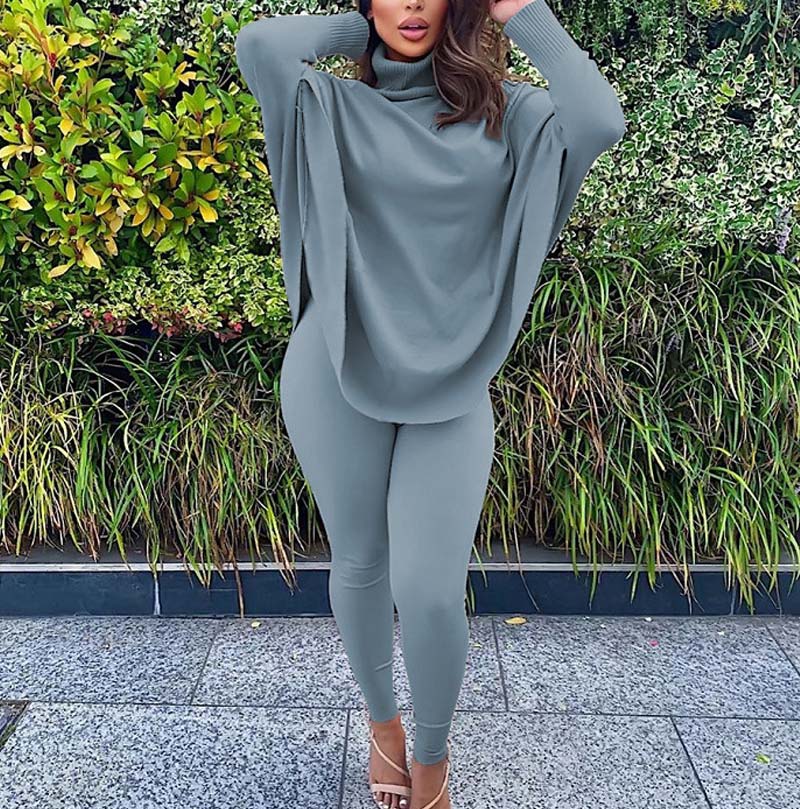 Solid Turtleneck Bat Sleeve Knitted Top & Pants Set