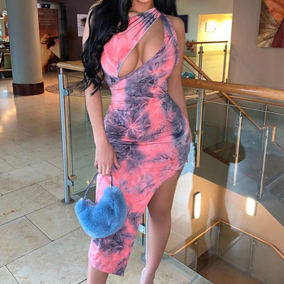 Tie Dye Print Sleeveless Hollow Out Bodycon Dress