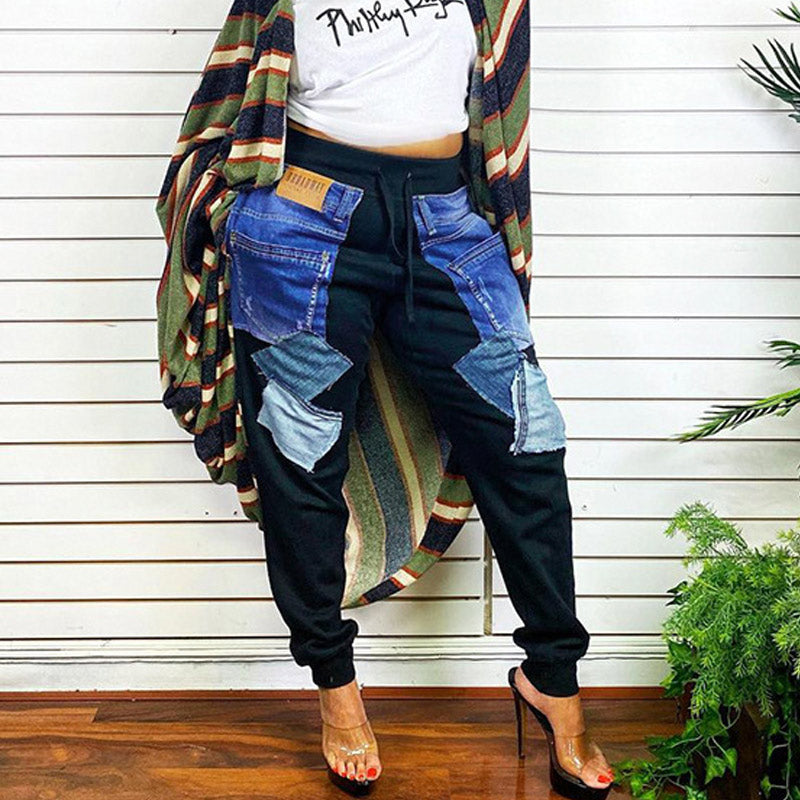 Colorblock Pocket Design High Waist Casual Pants