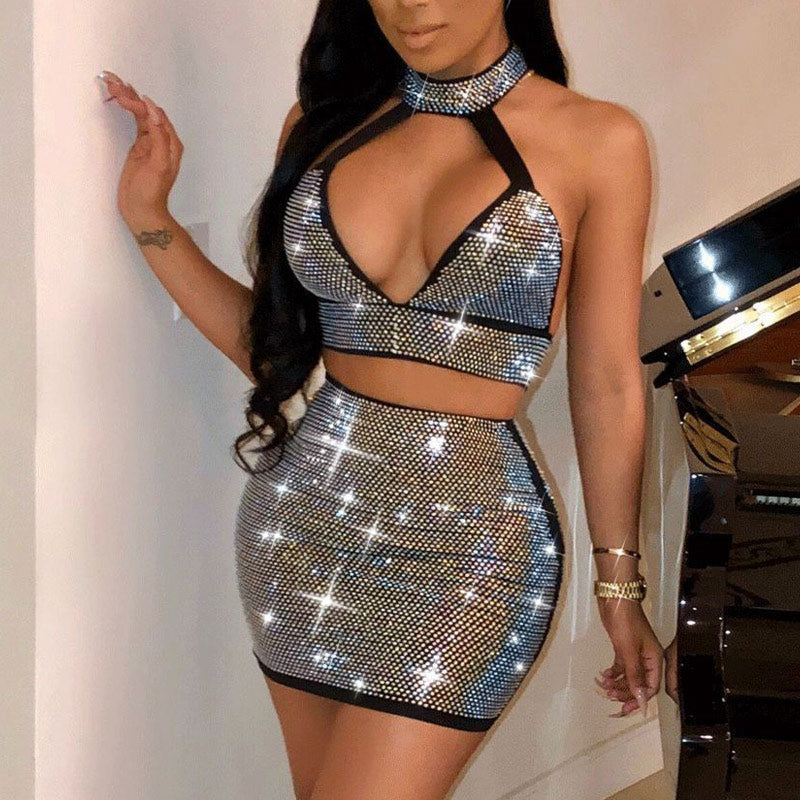 Rhinestone Backless Two Piece Set