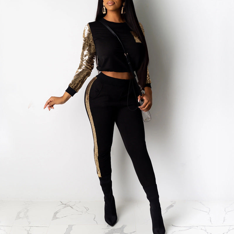 Solid Sequins Long Sleeve Crop Top & Pants Set