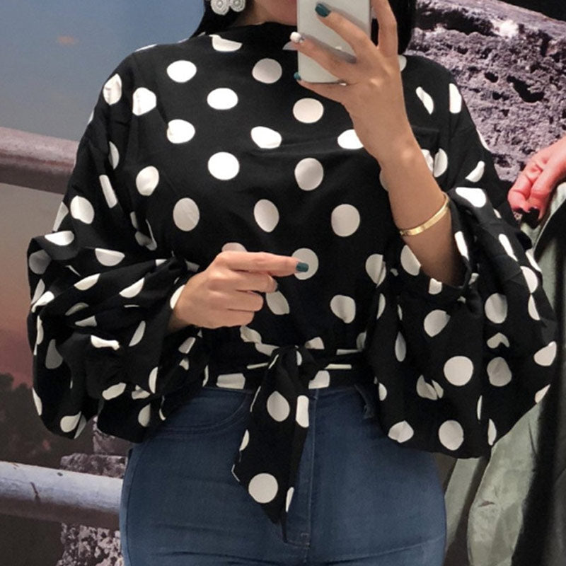 Polka Dot Print Lantern Sleeve Tied Blouse