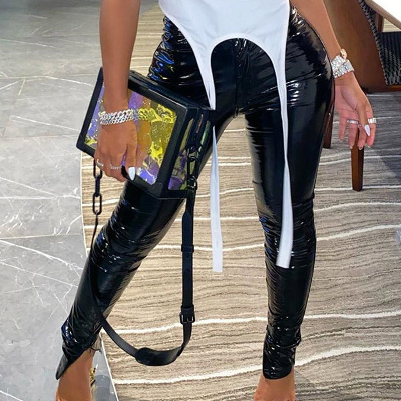 Solid High Waist Split PU Pants