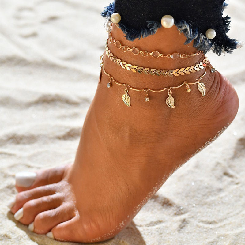 Leaves Pattern Bedded Tiered Anklet