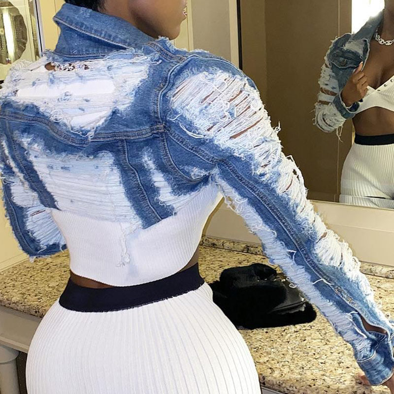 Solid Cut Out Fringe Hem Denim Coat