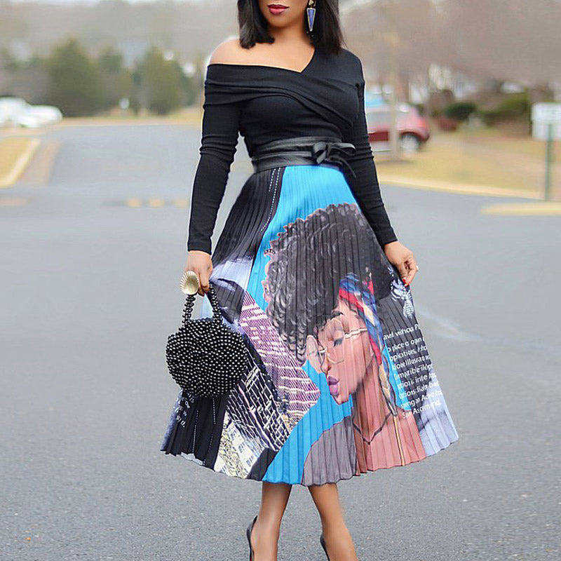 Cartoon Figure Print Long Sleeve Pleated Dress