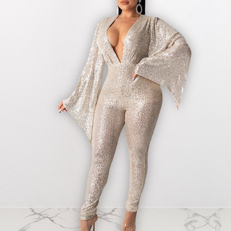 Sequins Flare Sleeve V-Neck Jumpsuit