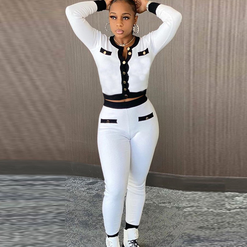 Colorblock Button Detailed Long Sleeve Top & Pants Set