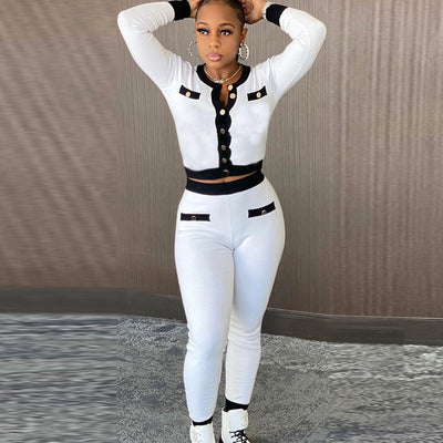 Colorblock Button Detailed Long Sleeve Top & Pants Set