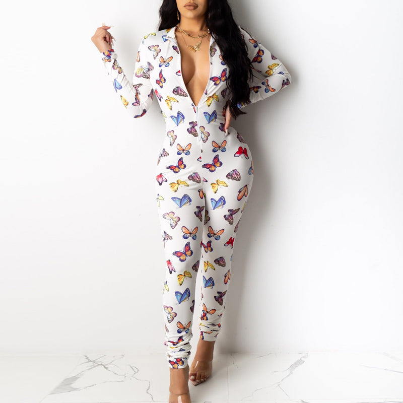 Butterfly Print Deep V-Neck Jumpsuit