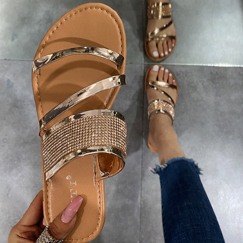 Solid Rhinestone Decoration Flat Sandals